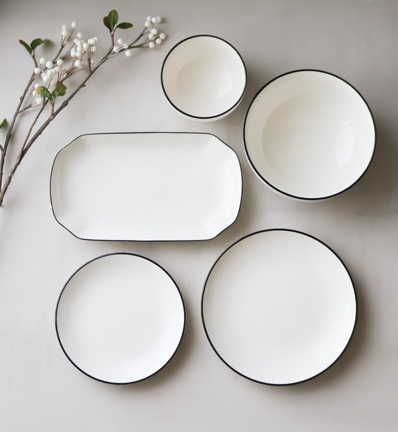 White With Black Rim Dinnerware Collection Four Piece Set Etsy