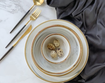 Luxury Ceramic Marble Bowl Design with Gold Trim - 4.5 inch