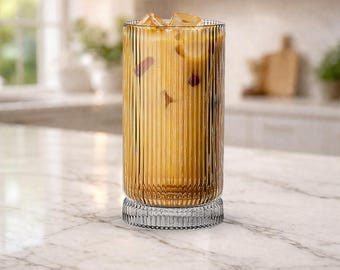 Aurora Ribbed Glass Tumbler 15 oz, Iced Coffee Glass, Tall Drinking Glass, Highball Glass, Modern Clear Glass