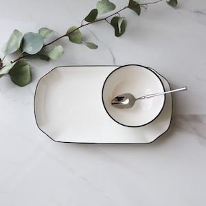Handmade White Ceramic Rectangular Platter with Black Rim – 10 Inch Modern Serving Tray | Minimalist Tableware