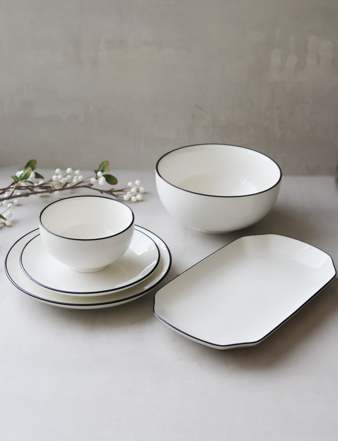 White With Black Rim Dinnerware Collection Five Piece Set Etsy