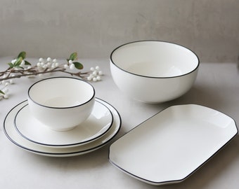 White with Black Rim Dinnerware Collection - Four Piece Set (without rectangular platter)