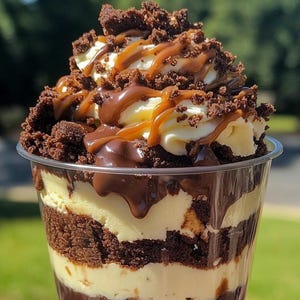 May include: A layered dessert in a clear plastic cup. The layers include chocolate cake, vanilla cream, and chocolate sauce, topped with whipped cream, caramel drizzle, and chocolate crumbles. The dessert is set against a blurred green background.