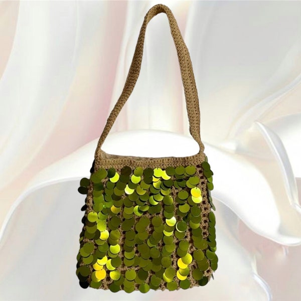 Sac au crochet vert à sequins, sac fait main, paquet de paillettes, sac au crochet, sac carré grand-mère, sac à main au crochet, sac à bandoulière au crochet,