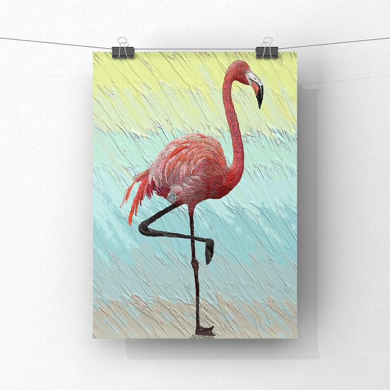 May include: A pink flamingo standing on one leg against a blue and yellow background. The flamingo is painted in a textured style.