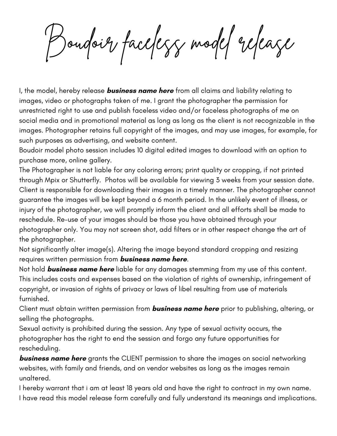Canva Boudoir Model Release Photography Contract Template Boudoir