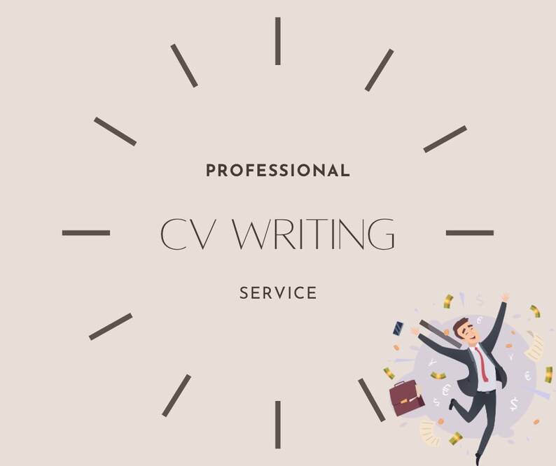 May include: A cartoon illustration of a person jumping in the air with money falling around them. The text "Professional CV Writing Service" is in the center of the image.