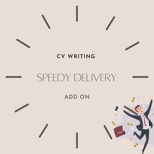 May include: A cartoon illustration of a person jumping in the air with money and a briefcase falling around them. The text "CV Writing Speedy Delivery Add On" is displayed in the center of the image.