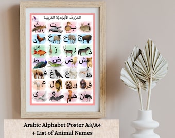 Arabic Alphabet Animals Poster: Educational Printable (A3, A4) (Digital Download)