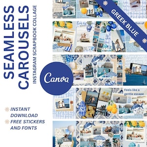 Op de afbeelding: Een digitale collage met een Grieks blauw thema, met foto's van de zee, citroenen en mensen. De collage bevat de tekst "SEAMLESS CAROUSELS" en "INSTAGRAM SCRAPBOOK COLLAGE". Het vermeldt ook "INSTANT DOWNLOAD" en "FREE STICKERS AND FONTS".