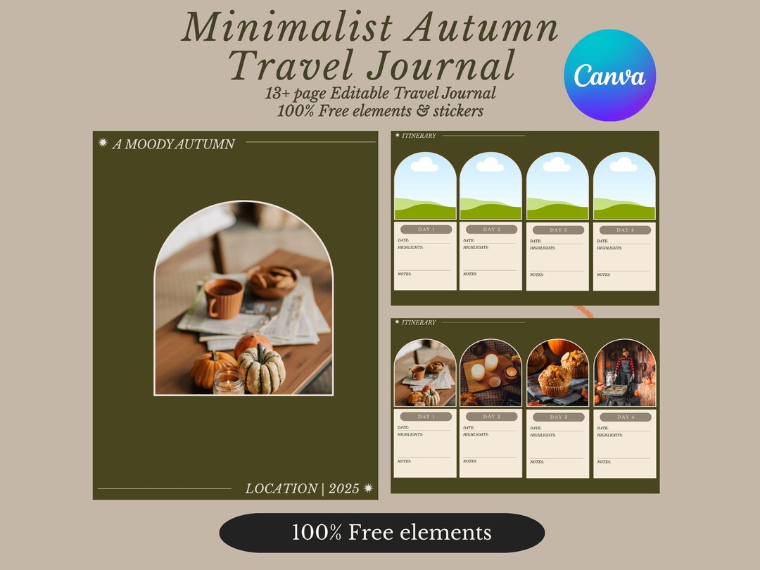 Minimalist Travel Journal Canva Template (digital Download) | Autumn Theme | 100% Free Elements ...
