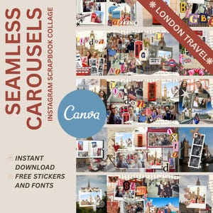 May include: A digital template for Instagram featuring a London travel scrapbook collage. The design includes multiple photo frames, red telephone booths, Big Ben, and text elements like Seamless Carousels, Instagram Scrapbook Collage, and London Travel.