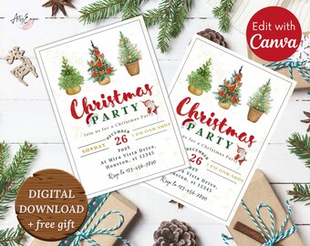 Könnte beinhalten: Eine digitale druckbare Weihnachtsfeier-Einladung mit weißem Hintergrund und festlichem Design. Die Einladung zeigt einen roten und grünen Weihnachtsbaum mit einem roten Stern oben und den Text "Christmas Party" in roten und grünen Buchstaben. Die Einladung enthält auch das Datum und die Uhrzeit der Party sowie den Ort.