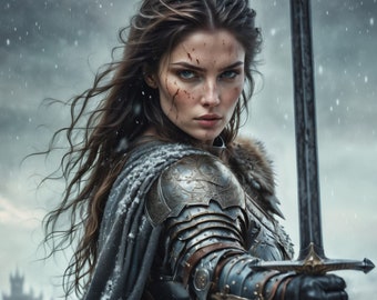 May include: A woman in armor with a sword, standing in a snowy field. She is wearing a dark blue cloak and a helmet with a fur trim. The sword is held in her right hand, and she is looking directly at the viewer.