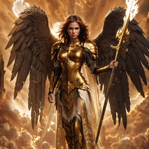 A female angel bathed in golden holy light. Wearing ornate golden armor and wielding a holy weapon, she stands before the gates of heaven.