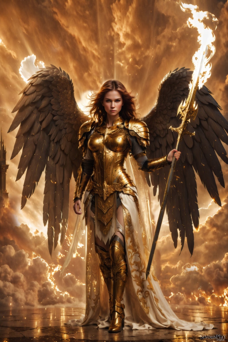 A female angel bathed in golden holy light. Wearing ornate golden armor and wielding a holy weapon, she stands before the gates of heaven.