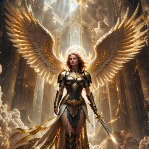 A female angel bathed in golden holy light. Wearing ornate golden armor and wielding a holy greatsword, she stands before the gates of heaven.