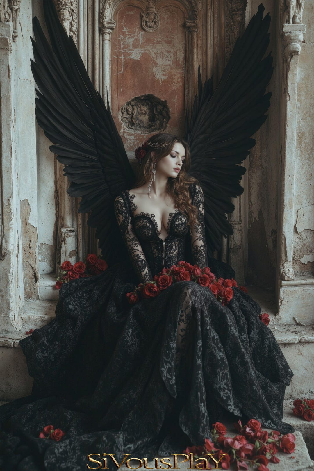 Dark Angel With Red Roses Art Print: Gothic Fantasy Poster (digital ...