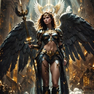 A female angel bathed in golden holy light. Wearing ornate golden armor and wielding a holy weapon, she stands before the gates of heaven.