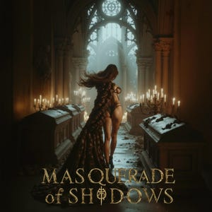 May include: An artistic rendering of a woman in a dark, ornate gown, standing in a gothic cathedral. The image features the text "MASQUERADE of SHADOWS" in gold lettering, with candles and coffins adding to the mysterious atmosphere.
