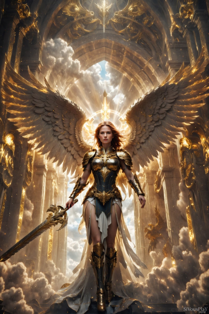A female angel bathed in golden holy light. Wearing ornate golden armor and wielding a holy greatsword, she stands before the gates of heaven.
