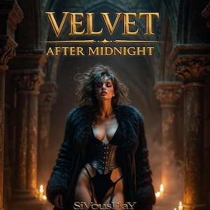 May include: A person wearing a black corset and a black faux fur coat, standing in a stone archway with candles. The text VELVET AFTER MIDNIGHT is displayed at the top, and the text SiVousPlaY is at the bottom of the image.