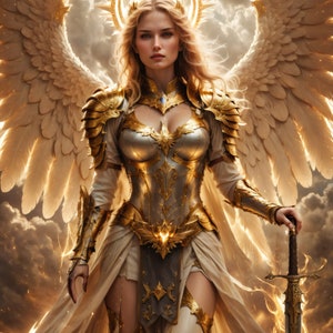 A female angel bathed in golden holy light. Wearing ornate golden armor and wielding a holy greatsword, she stands before the gates of heaven.