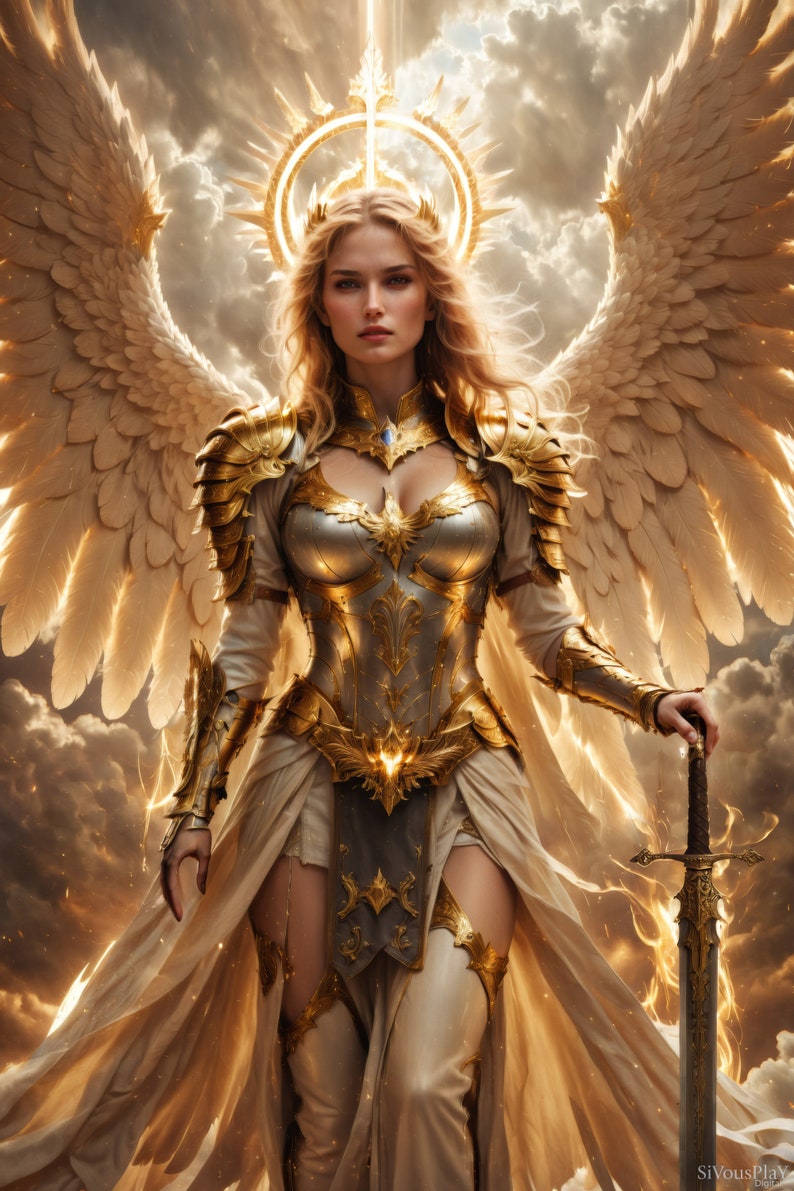 A female angel bathed in golden holy light. Wearing ornate golden armor and wielding a holy greatsword, she stands before the gates of heaven.