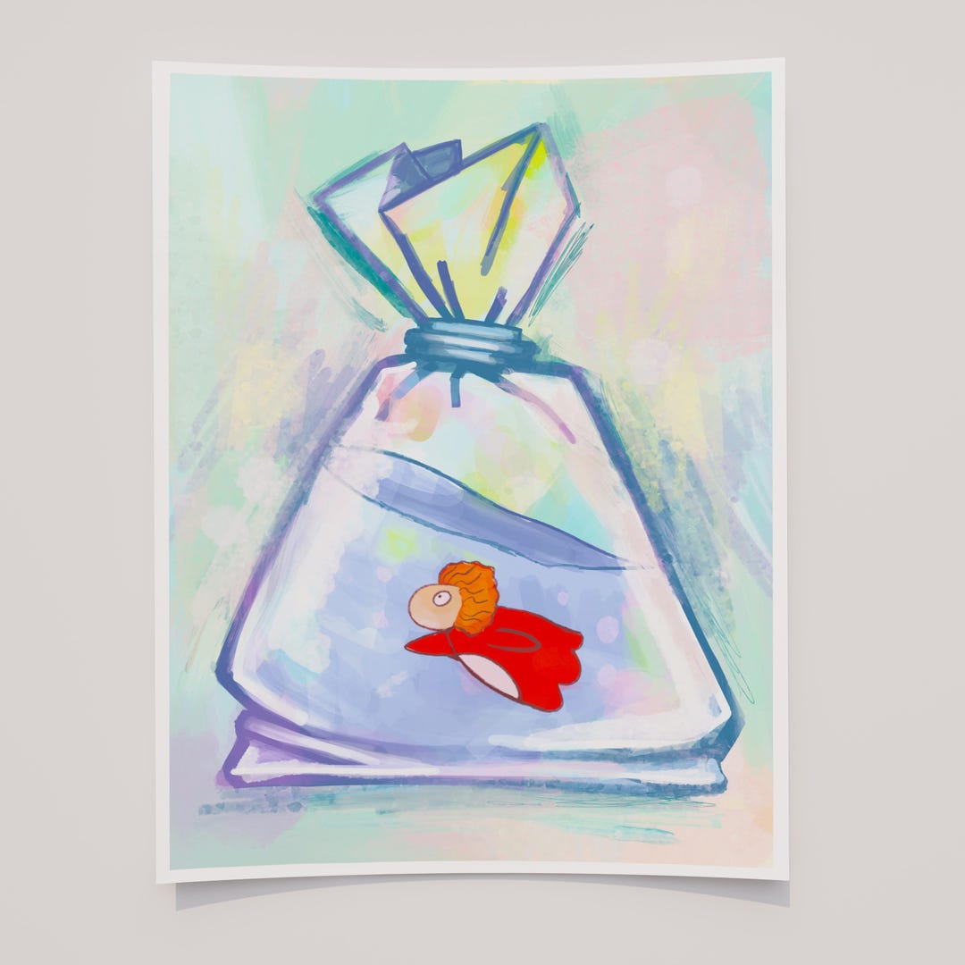 Ponyo-inspired Watercolor Print – Whimsical Goldfish in a Bag ...