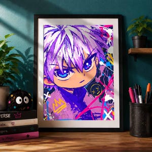 May include: A framed art print featuring a stylized anime character with spiky purple hair and bright blue eyes. The artwork incorporates vibrant paint splatters in pink, blue, and yellow, along with a yellow crown icon and a black circle with an X-eyed face.