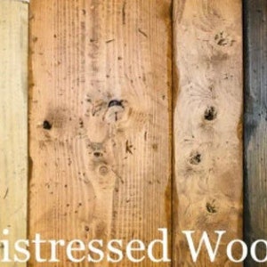 May include: Close-up of four wood planks showing different shades of distressed wood. The planks are arranged vertically and the text "Distressed Wood" is printed below the planks.