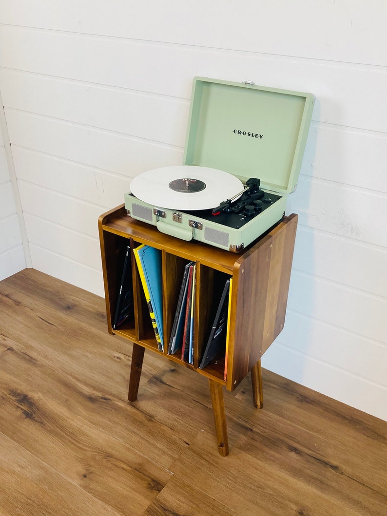 Vintage Style Record Player Stand Handcrafted Wood and Metal Stand for Turntable and Vinyl