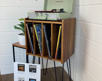 Vintage Style Record Player Stand - Handcrafted Wood and Metal Stand for Turntable and Vinyl Collection