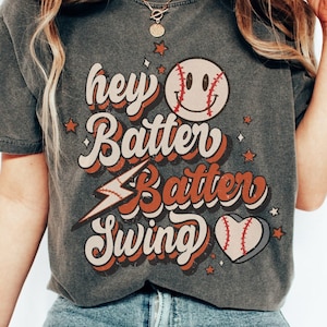 Retro Hey Batter Batter Swing Baseball Comfort Colors Graphic Tee, Baseball Mom TShirt, Game Day T Shirt, Baseball Game Shirt, Fan T-Shirt