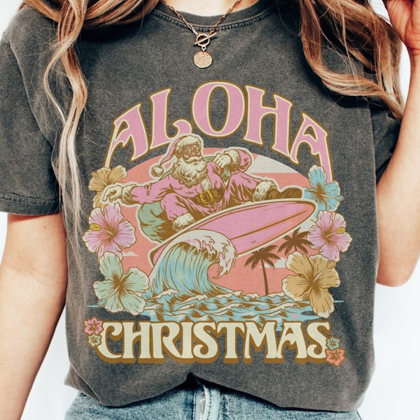 Comfort Colors Aloha Christmas Shirt Surfing Santa T-Shirt Hawaiian Christmas T Shirt Mele Kalikimaka TShirt Funny Christmas Tee Xmas Party