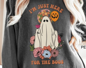 Retro Funny Halloween Unisex Comfort Colors Sweatshirt Here For The Boos Shirt Halloween Party Shirt Wine Lovers Halloween Shirt Oversized