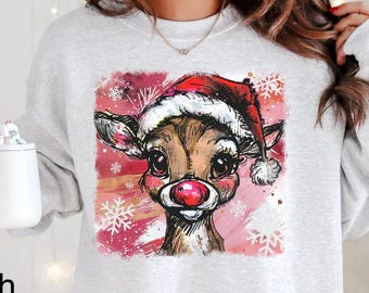 Preppy Reindeer Shirt Brushstrokes Reindeer Sweatshirt Coquette Christmas Shirt Festive Holiday Deer Top Xmas Shirt Cozy Winter Sweater