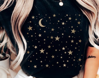 Comfort Colors Moon and Stars Celestial T Shirt, Boho Moon And Stars Shirt, Gold Stars Shirt, Mystical Moon and Stars Shirt, Astronomy Shirt
