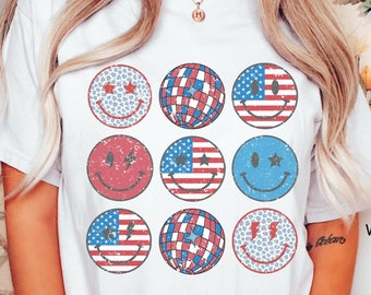 Comfort Colors Smile Face Disco Ball 4th Of July Shirt, Vintage American Flag Tee, Retro Fourth Of July T Shirt, Patriotic Oversized T-Shirt
