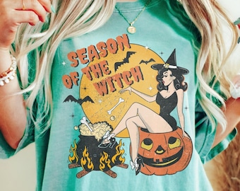 Comfort Colors Season Of The Witch Halloween Shirt Vintage Witch T-Shirt Retro Sexy Witch TShirt Funny Pin Up Girl Witch Tee Halloween Party