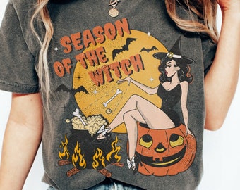 Comfort Colors Season Of The Witch Halloween Shirt Vintage Witch T-Shirt Retro Sexy Witch TShirt Funny Pin Up Girl Witch Tee Halloween Party