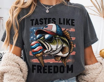 Comfort Colors Fishing 4th Of July Shirt Fisherman Aesthetic Tastes Like Freedom Fourth Of July T-Shirt Bass Tee USA Flag Tee Patriotic Top