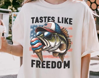 Comfort Colors Fishing 4th Of July Shirt Fisherman Aesthetic Tastes Like Freedom Fourth Of July T-Shirt Bass Tee USA Flag Tee Patriotic Top