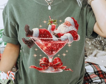 Comfort Colors Funny Santa Christmas Shirt Christmas Cocktail Shirt Holiday Drinking TShirt Festive Martini T-Shirt Adult Xmas Party Tee