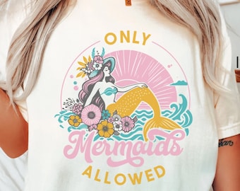 Comfort Colors Vintage Mermaid Shirt Only Mermaids Allowed T-Shirt Retro Mermaid TShirt Trendy Beach Shirt Summer Vacation Tee Oversized