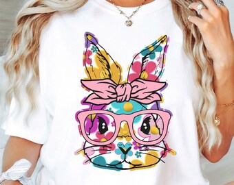 Comfort Colors Womens Easter Bunny Shirt Floral Bunny T-Shirt Faux Embroidered Rabbit TShirt Floral Spring Shirt Flower Bunny Tee Oversized