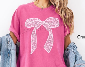 Comfort Colors Faux Embroidered Lace Bow Shirt Coquette Lace Bow T-Shirt Trendy Bow TShirt Oversized Cute Bow Tee Aesthetic Top Gift For Her