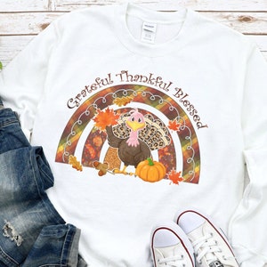 Thankful Grateful Blessed Sweatshirt, Thanksgiving Shirt, Rainbow Thanksgiving Shirt, Cheetah Print Shirt, Fall Vibes Shirt, Matching Shirts