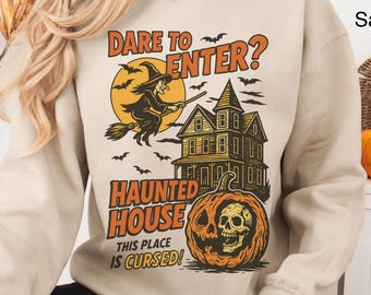 Scary Haunted House Sweatshirt Retro Halloween Shirt Vintage Halloween Shirt Witch Shirt Spooky Season Top Fall Sweater Horror Movie Shirt