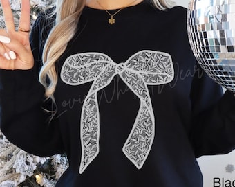 Faux Embroidered Lace Bow Sweatshirt Coquette Lace Bow Shirt Trendy Bow Shirt Oversized Cute Bow Sweater Girly Aesthetic Top Gift For Her